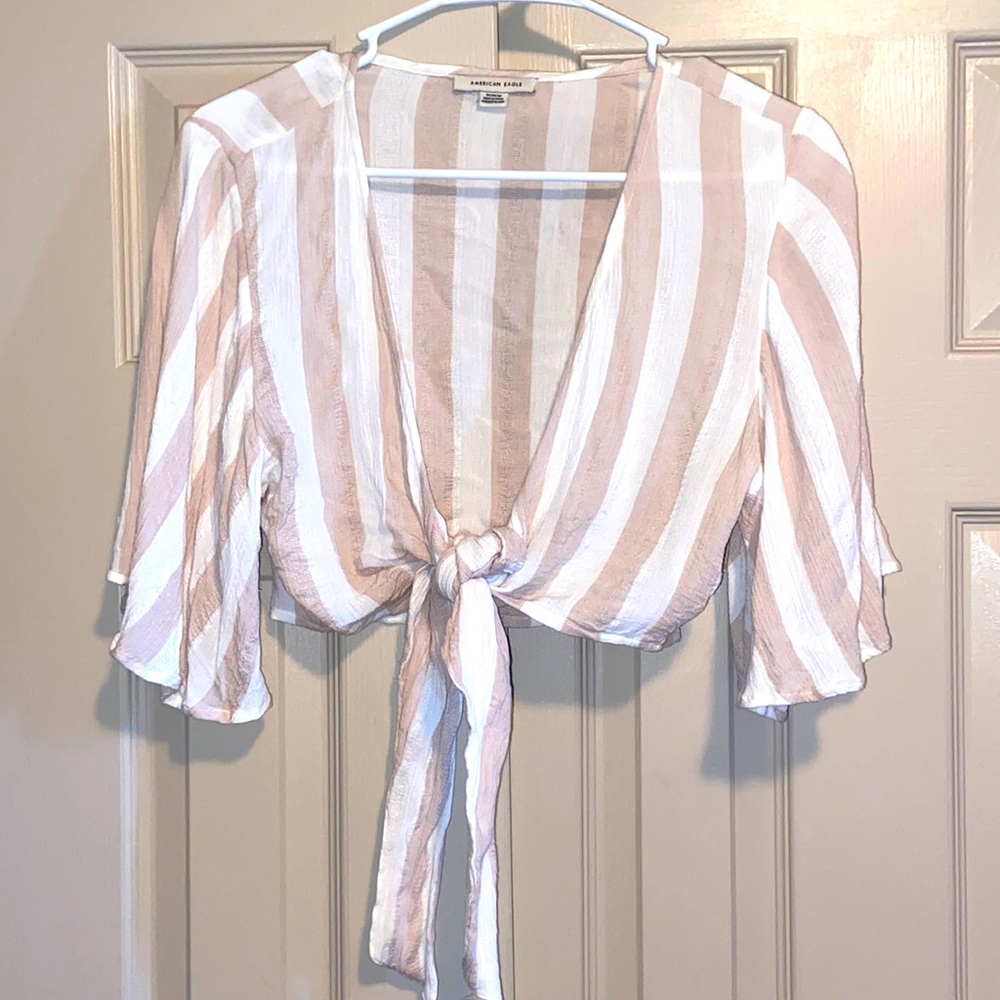 American Eagle Striped Tie Front Top